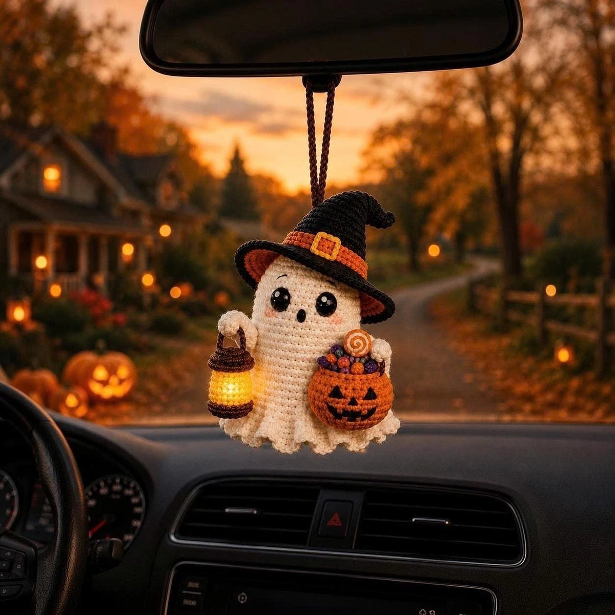 Crochet Ghost Car Charm, Halloween Mirror Hanging, Cute Amigurumi Decor Gift