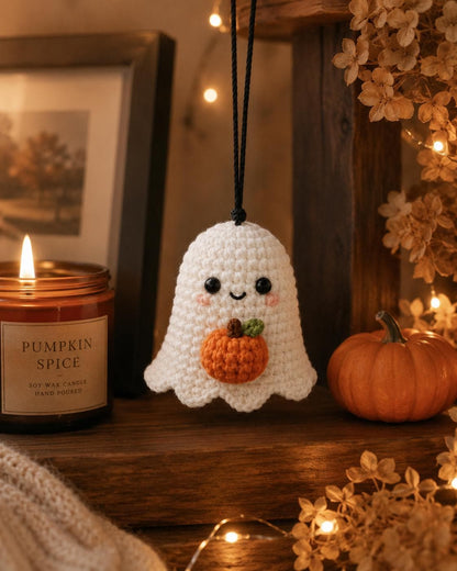 Cute Crochet Ghost Car Charm with Pumpkin, Halloween Rearview Mirror Ornament, Handmade Fall Car Accessory, Spooky Cute Ghost Gift