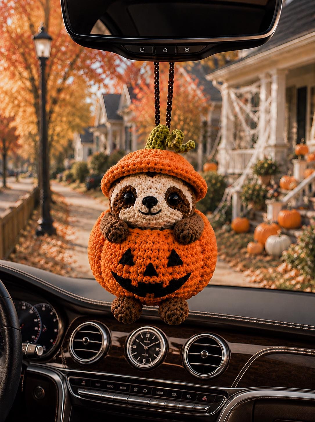 Crochet Sloth Halloween Car Charm, Amigurumi Animal Rearview Mirror Decor, Hanging Ornament. 5 Inches