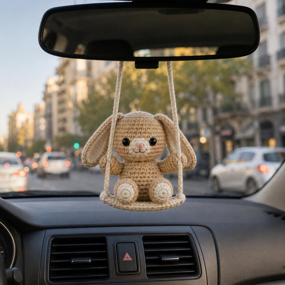 Crochet Bunny Car Charm, Cute Rabbit Rearview Mirror Hanger, Handmade Bunny Swing Car Decor, Gift for Driver