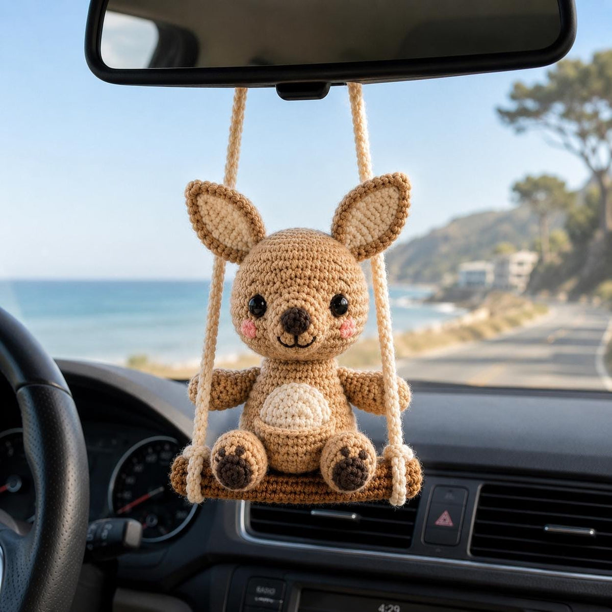 Crochet Kangaroo Car Charm on Swing, Handmade Rearview Mirror Hanger, Cute Amigurumi Car Accessory, Kawaii Australian Animal Gift