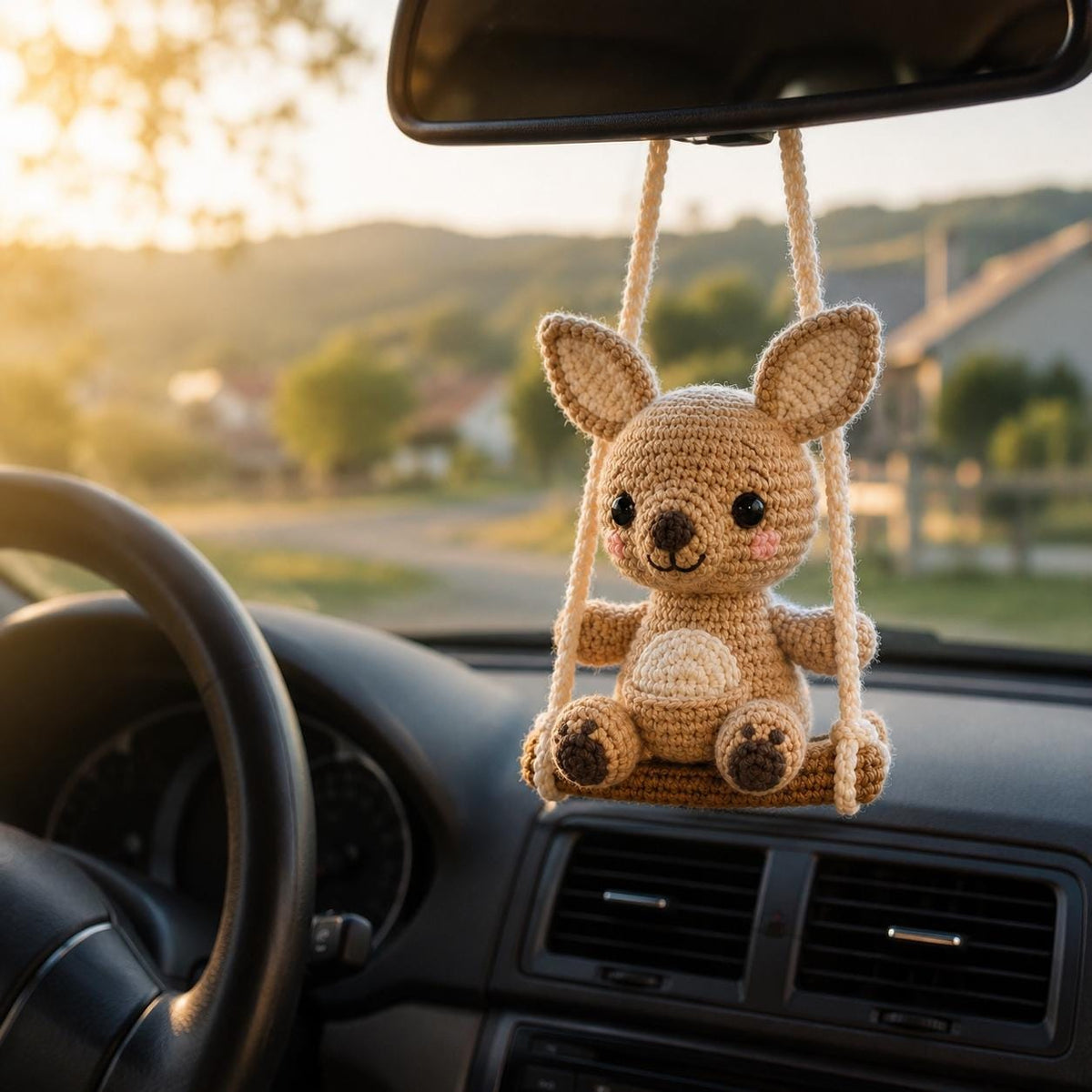 Crochet Kangaroo Car Charm on Swing, Handmade Rearview Mirror Hanger, Cute Amigurumi Car Accessory, Kawaii Australian Animal Gift