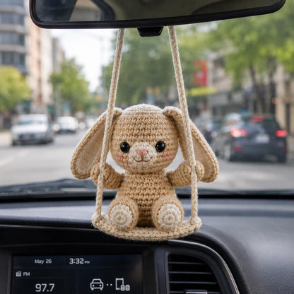 Crochet Bunny Car Charm, Cute Rabbit Rearview Mirror Hanger, Handmade Bunny Swing Car Decor, Gift for Driver