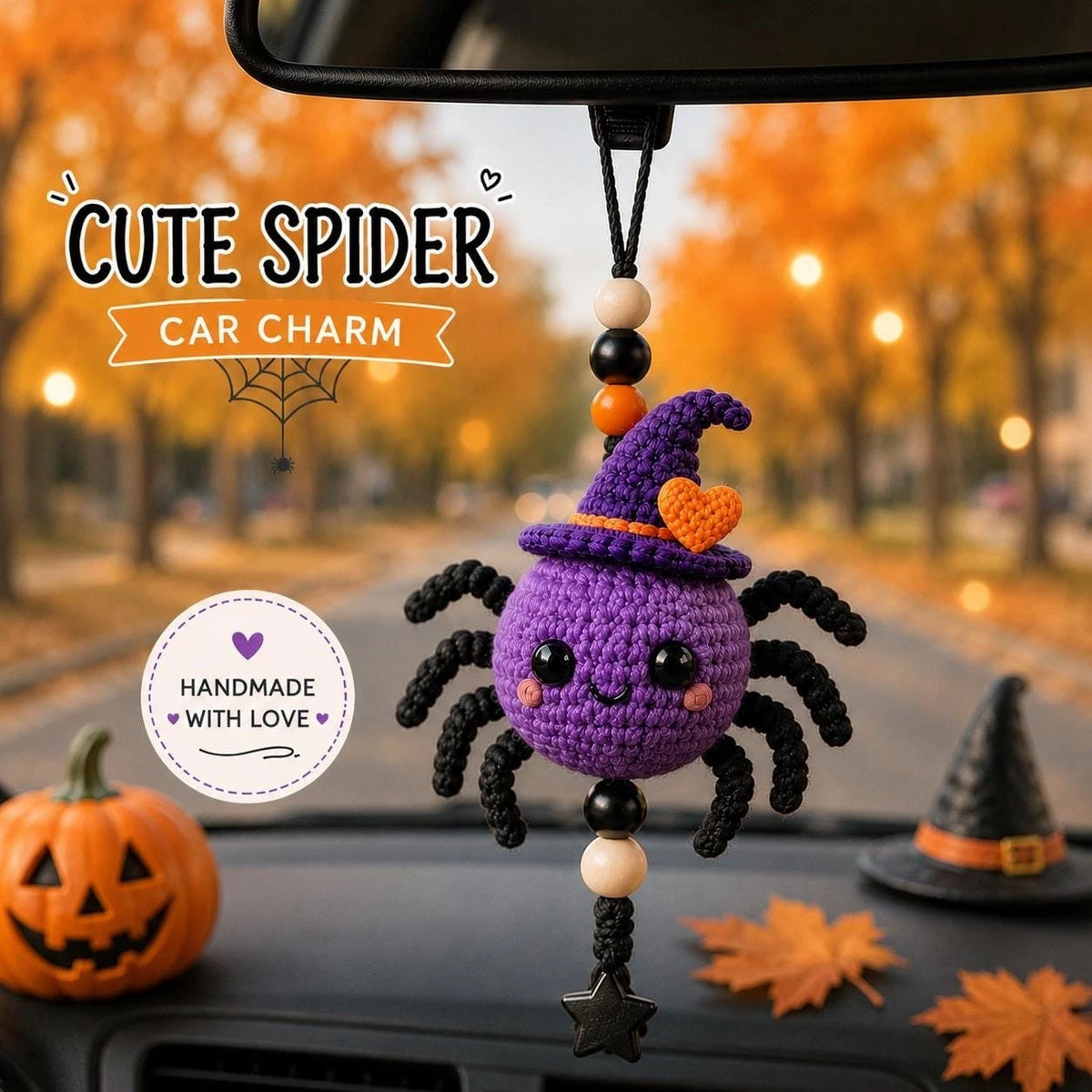 Halloween Crochet Spider Car Charm, Witch Rearview Mirror Hanging Gift