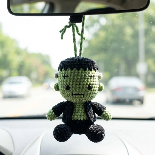 Green Monster Crochet Car Hanging, Horror Amigurumi Rearview Mirror Charm
