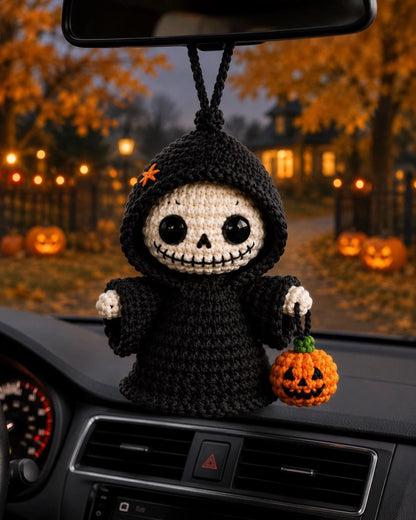 Crochet Grim Reaper Car Charm, Halloween Mirror Decor, Gothic Plush Gift