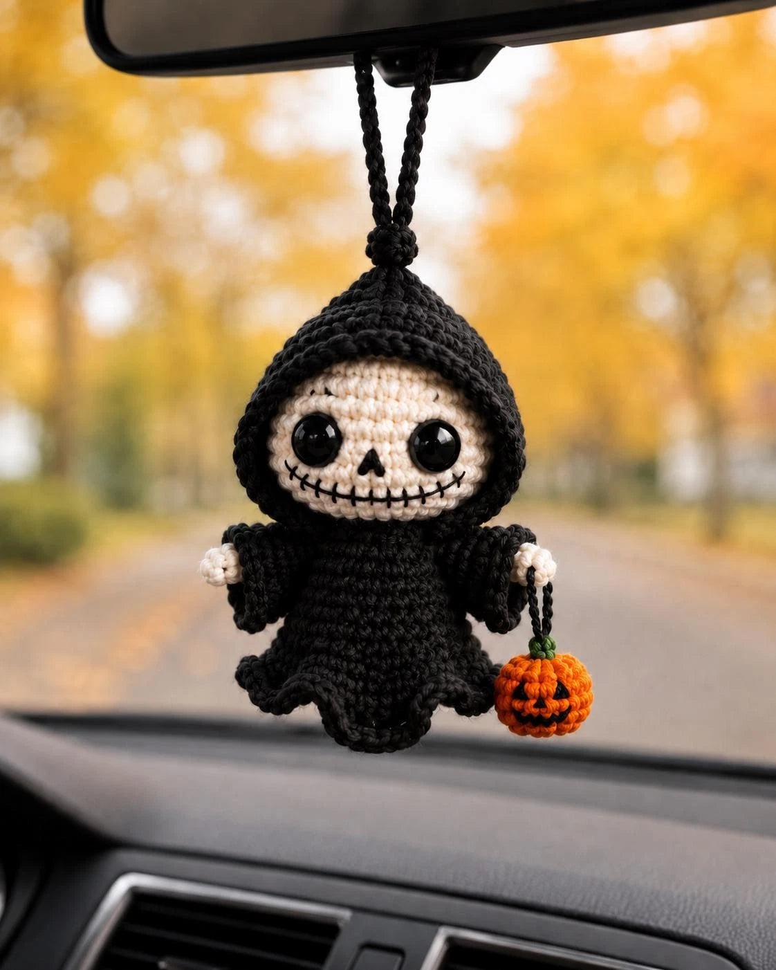 Crochet Grim Reaper Car Charm, Halloween Mirror Decor, Gothic Plush Gift