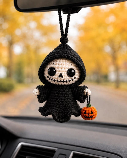 Crochet Grim Reaper Car Charm, Halloween Mirror Decor, Gothic Plush Gift