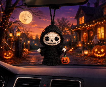 Crochet Grim Reaper Car Charm, Halloween Mirror Decor, Gothic Plush Gift